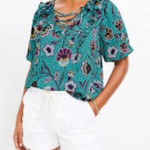 LOFT Blue Ruffled Tie Front Blouse